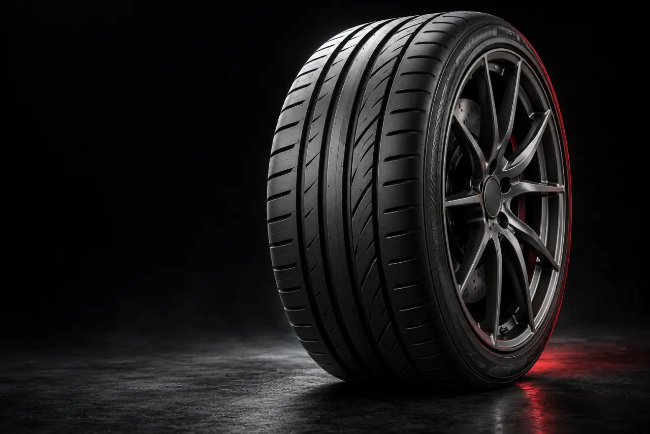 Performance tire and alloy wheel on a dark background